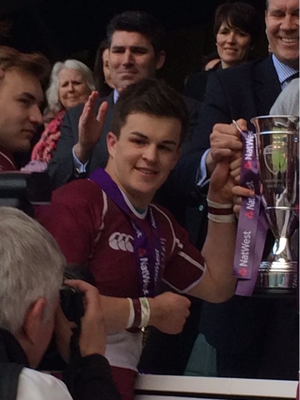 Captain Luke White lifting the trophy at the Natwest Schools Cup Final, 25th March 2015 